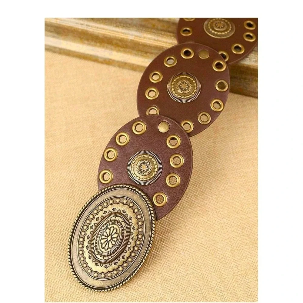 Womens Boho Brown Leather Wide Circle Disc‎ Studded Belt Antique Gold Buckle